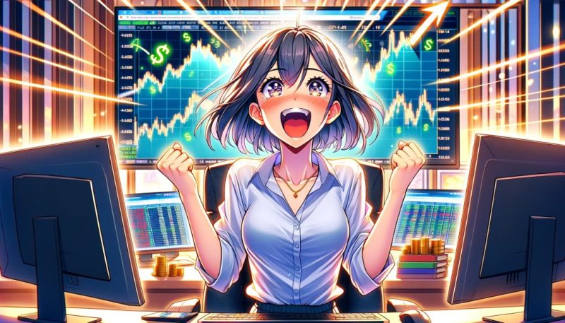 相場で大儲けをして喜んでいる女性トレーダー（FXフリー画像）