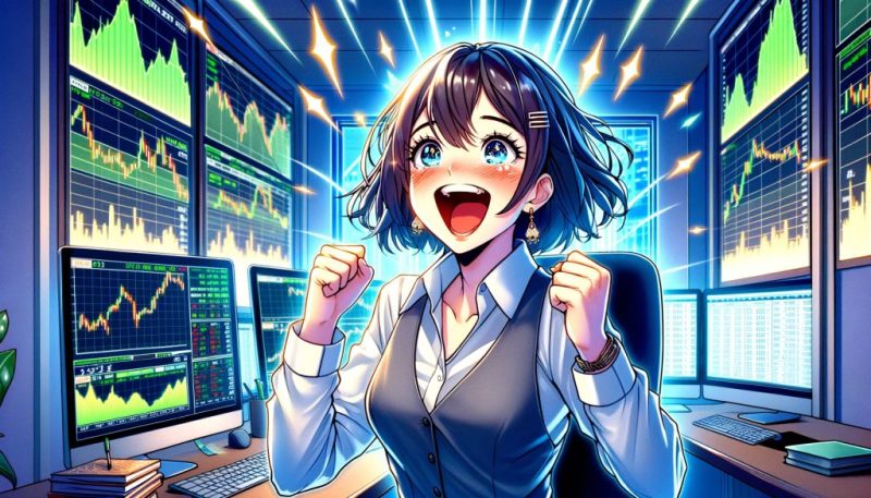 相場で大儲けをして喜んでいる女性トレーダー（FXフリー画像）