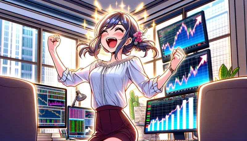 相場で大儲けをして喜んでいる女性トレーダー（FXフリー画像）