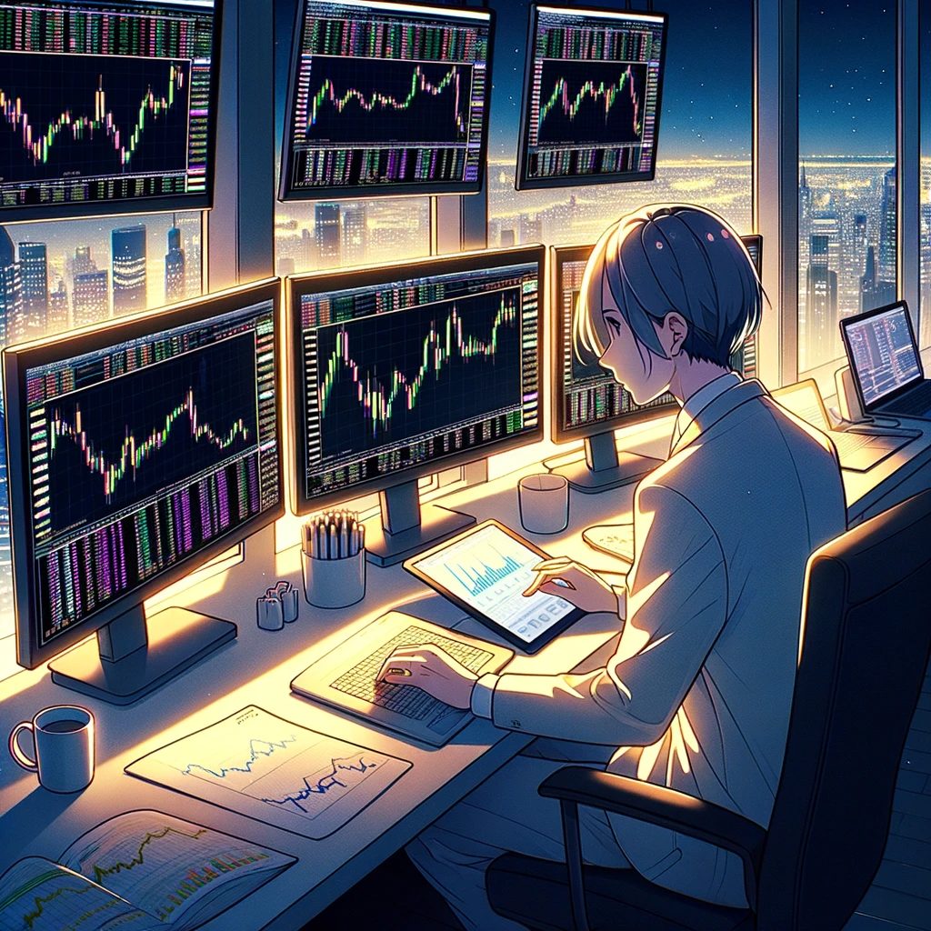 複数のモニターとFXトレーダーイラスト画像　アニメ風 No.8